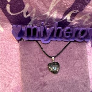Black Galaxy Polished Stone Crystal Heart Pendant with Faux Leather Necklace
